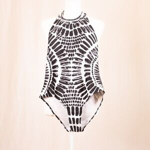 Black & White Pattern One Piece Halter Neck, Low Back w/ Criss Cross Straps